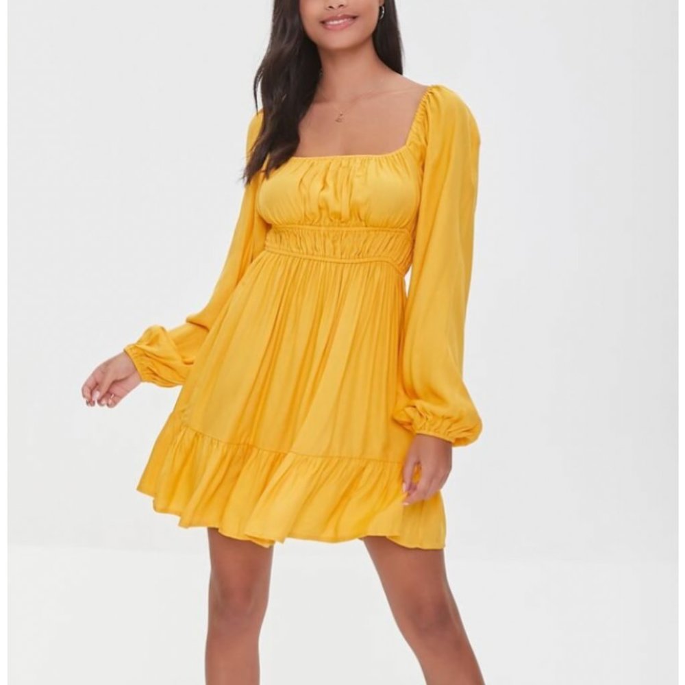 Twill Peasant-Sleeve Mini Dress